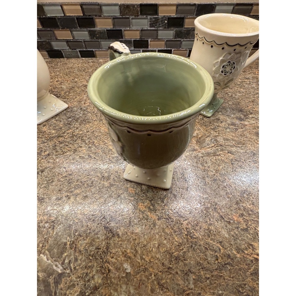 Ceramic Footed Floral Mugs Set of 3 Sage Green Cream Cottage core - Picture 7 of 11
